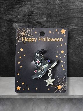 Black Witch's Hat Brooch Pin with Star Charm & Multicolored Crystals